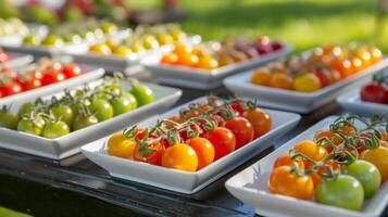 A variety of small tomatoes are displayed on a wooden table. photo