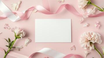 A wedding invitation with flowers and ribbon on a pink background. photo