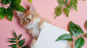 A cute kitten sleeping next to green leaves on a pink background with a blank white card in the middle of the picture. photo