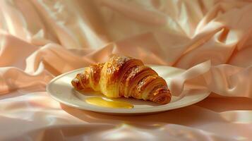 A croissant placed on a white porcelain plate, with a light drizzle of honey on a soft pastel background. photo