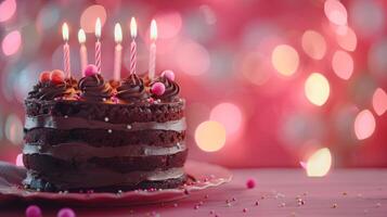 A Birthday chocolate layer cake with candles and pink background. photo