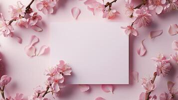 A blank wedding invitation card mockup adorned with delicate pink flowers. photo