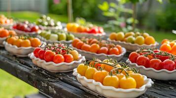 A variety of small tomatoes are displayed on a wooden table. photo