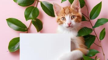 A cute kitten sleeping next to green leaves on a pink background with a blank white card in the middle of the picture. photo