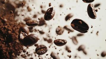 Lots of coffee falling beans on the light background. photo