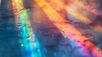 Macro detail of rainbow light rays on a white wall. photo