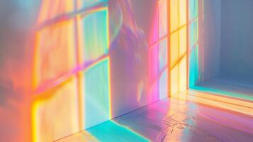 Macro detail of rainbow light rays on a white wall. photo