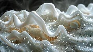 A close up of a liquid, organic shapes and curved lines, glass sculpture. photo