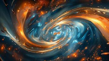 An abstract background with swirling colors of blue and orange with golden glowing lights. photo