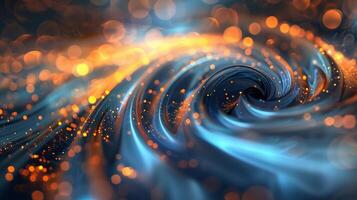 An abstract background with swirling colors of blue and orange with golden glowing lights. photo
