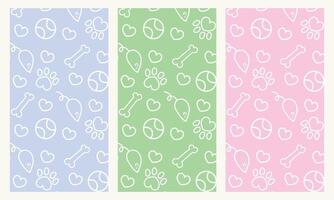 Set of cute seamless patterns of pets. Simple outline drawing. Images of a bone, ball, mouse, paw, heart. For textiles, prints, promotional materials. For veterinary clinics, shelters, pet stores. vector