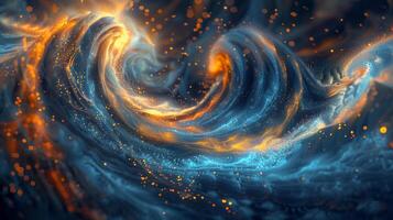 An abstract background with swirling colors of blue and orange with golden glowing lights. photo