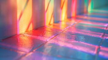 Macro detail of rainbow light rays on a white wall. photo