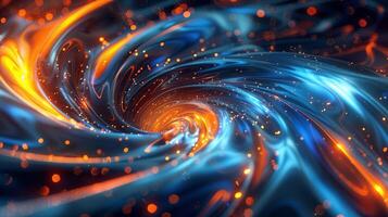 An abstract background with swirling colors of blue and orange with golden glowing lights. photo