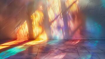 Macro detail of rainbow light rays on a white wall. photo