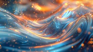An abstract background with swirling colors of blue and orange with golden glowing lights. photo