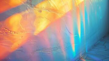 Macro detail of rainbow light rays on a white wall. photo