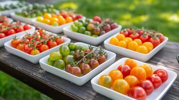 A variety of small tomatoes are displayed on a wooden table. photo