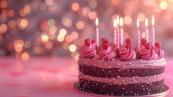 A Birthday chocolate layer cake with candles and pink background. photo