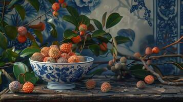 A bowl of pink red lychees in a blue and white porcelain bowl with patterns on a wooden table. photo