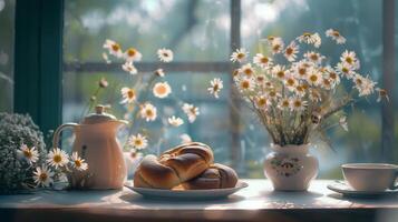 A cinnamon rolls and coffee on table, surrounded by daisies in ceramic vases. photo