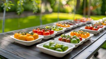 A variety of small tomatoes are displayed on a wooden table. photo