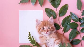 A cute kitten sleeping next to green leaves on a pink background with a blank white card in the middle of the picture. photo