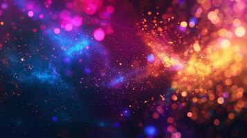 A background of colorful lights and bokeh particles in space. photo