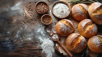 Freshly baked breads surrounded by food and spices on dark background. photo