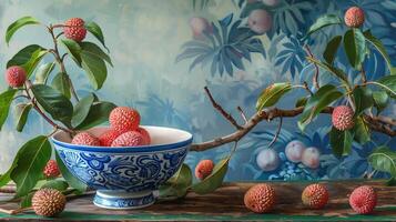 A bowl of pink red lychees in a blue and white porcelain bowl with patterns on a wooden table. photo