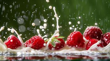A splash of milk with strawberries and raspberries on the ight green background. photo