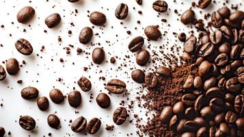 Lots of coffee falling beans on the light background. photo