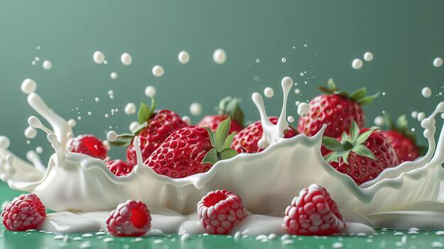 A splash of milk with strawberries and raspberries on the ight green background. photo