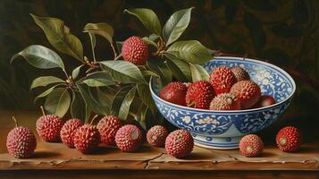 A bowl of pink red lychees in a blue and white porcelain bowl with patterns on a wooden table. photo