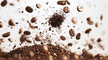 Lots of coffee falling beans on the light background. photo