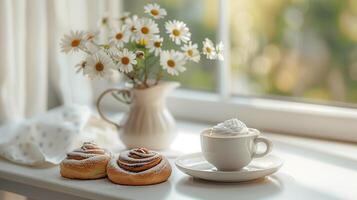 A cinnamon rolls and coffee on table, surrounded by daisies in ceramic vases. photo