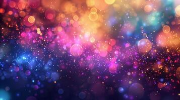 A background of colorful lights and bokeh particles in space. photo
