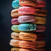 Assortment of delicate macarons, vibrant colors, soft matte finish, stacked artfully. photo