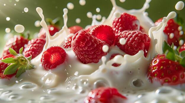 A splash of milk with strawberries and raspberries on the ight green background. photo