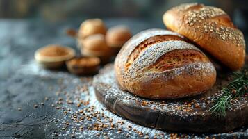 Freshly baked breads surrounded by food and spices on dark background. photo