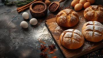 Freshly baked breads surrounded by food and spices on dark background. photo