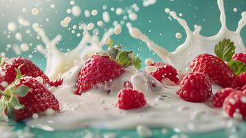 A splash of milk with strawberries and raspberries on the ight green background. photo