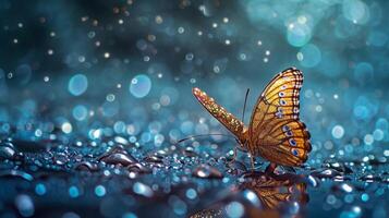 butterfly on mirror surface in water drops. glitter butterfly shining sitting on liquid background with water drops. photo