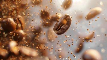 Lots of coffee falling beans on the light background. photo