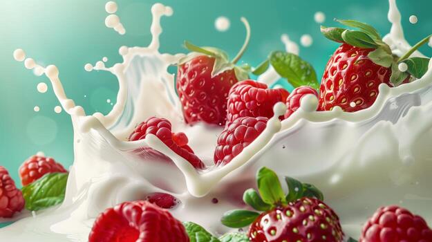 A splash of milk with strawberries and raspberries on the ight green background. photo