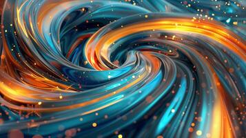 An abstract background with swirling colors of blue and orange with golden glowing lights. photo