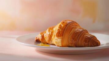 A croissant placed on a white porcelain plate, with a light drizzle of honey on a soft pastel background. photo