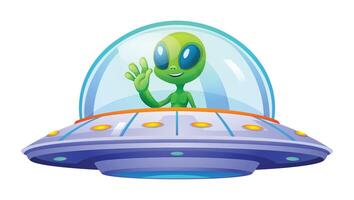 Cute alien riding ufo. Cartoon illustration isolated on white background vector