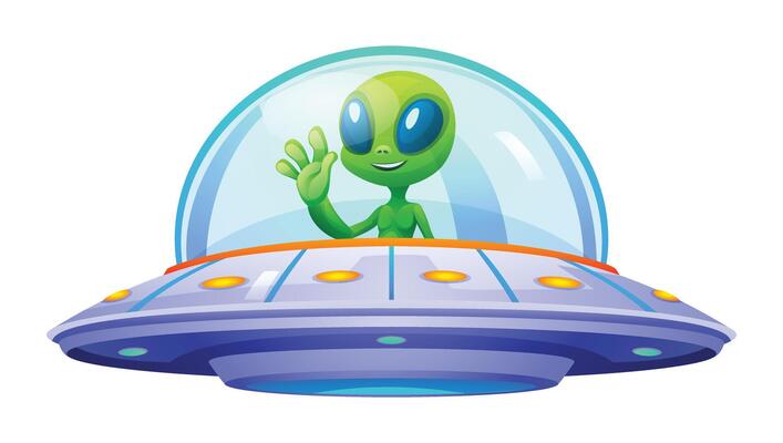 Cute alien riding ufo. Cartoon illustration isolated on white background