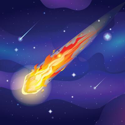 Comet falls with fire trail in the starry sky space. Asteroid or meteorite flying in night sky. Cartoon illustration